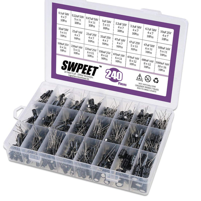 Ultimate 240-Piece Electrolytic Capacitor Assortment Kit - 24 Varieties (0.1µF to 1000µF) for TVs, Monitors, Radios, and More!