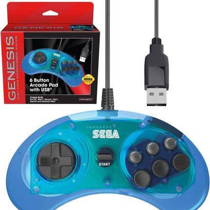 Official Sega Genesis USB Controller 6-Button Arcade Pad for Sega Genesis Mini, PS3, PC, Mac, Steam, Switch - USB Port - (Clear Blue)