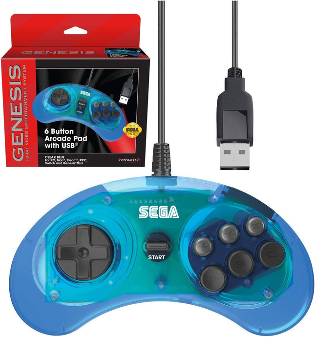 Official Sega Genesis USB Controller 6-Button Arcade Pad for Sega Genesis Mini, PS3, PC, Mac, Steam, Switch - USB Port - (Clear Blue)