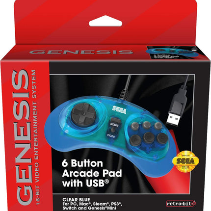 Official Sega Genesis USB Controller 6-Button Arcade Pad for Sega Genesis Mini, PS3, PC, Mac, Steam, Switch - USB Port - (Clear Blue)