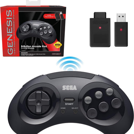 Sega Genesis Wireless 8-Button Arcade Controller - Compatible with Genesis, Switch, PC & Mac - Includes 2 Receivers & Storage Case - Black