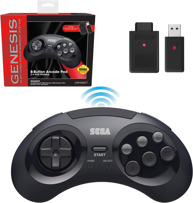 Sega Genesis Wireless 8-Button Arcade Controller - Compatible with Genesis, Switch, PC & Mac - Includes 2 Receivers & Storage Case - Black