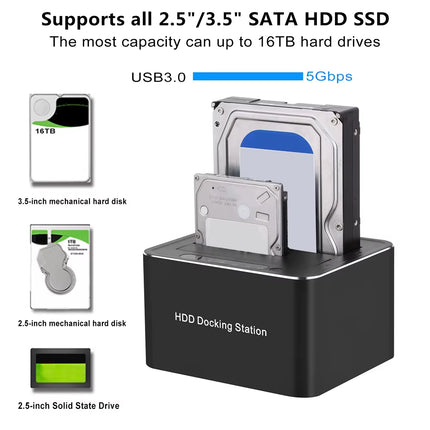 Dual Bay USB 3.0 Hard Drive Docking Station for 2.5"/3.5" HDD/SSD - High-Speed Offline Clone Support